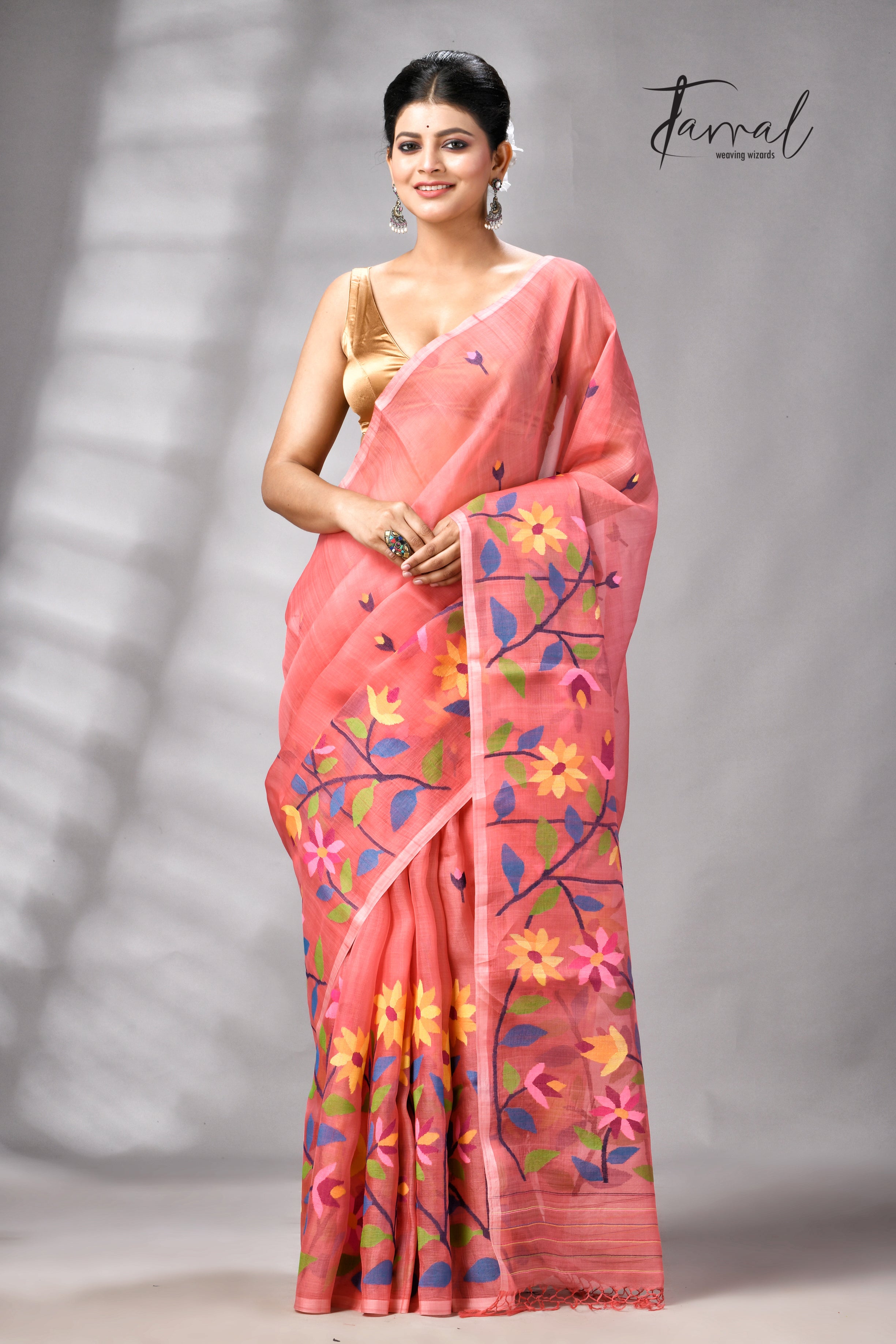 sari様 Buy Dark Peach Muslin Silk Jamdani Saree Online | Tamal Boutique