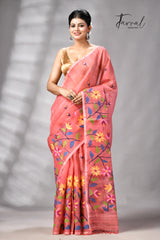 Dark Peach With Multicolour Floral Handwoven Jamdani Saree
