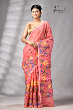 Dark Peach With Multicolour Floral Handwoven Jamdani Saree
