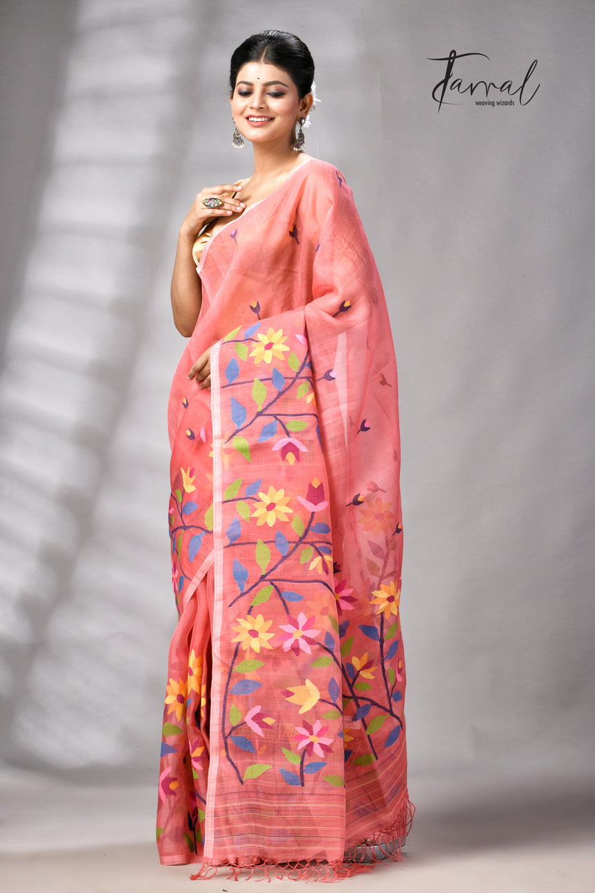 Dark Peach With Multicolour Floral Handwoven Jamdani Saree