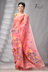 Dark Peach With Multicolour Floral Handwoven Jamdani Saree