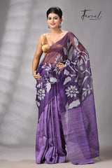 Lavender Jamdani Saree In Half Muslin & Matka Silk With White Motifs