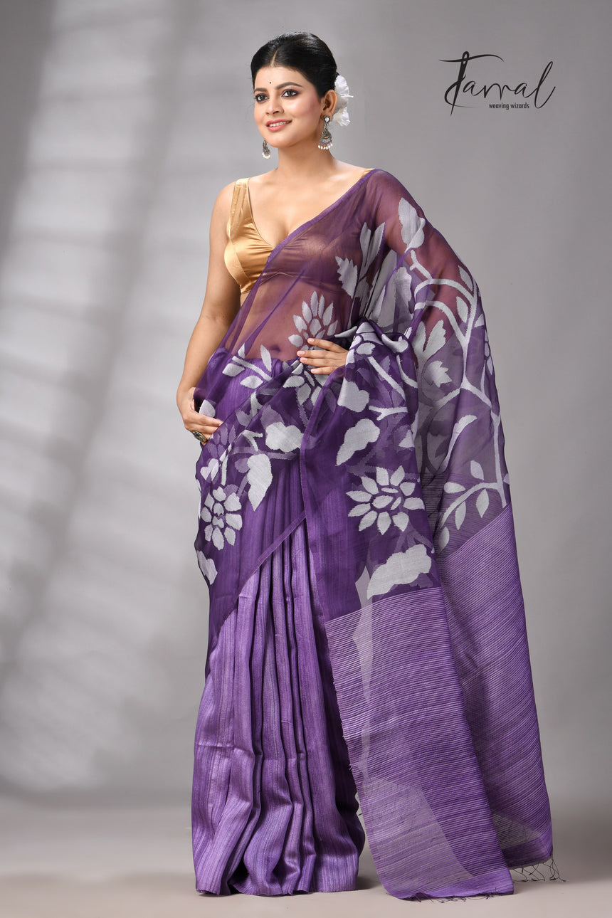 Lavender Jamdani Saree In Half Muslin & Matka Silk With White Motifs