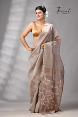 Beige Muga & gachhi Tussar silk stripe handwoven Jamdani saree