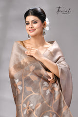 Beige Muga & gachhi Tussar silk stripe handwoven Jamdani saree
