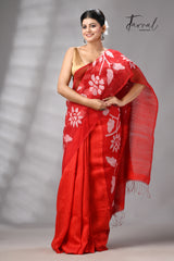 Red Muslin & Matka Silk Jamdani Saree With White Floral Motifs