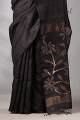 Black Muga & gachhi Tussar silk stripe handwoven Jamdani saree