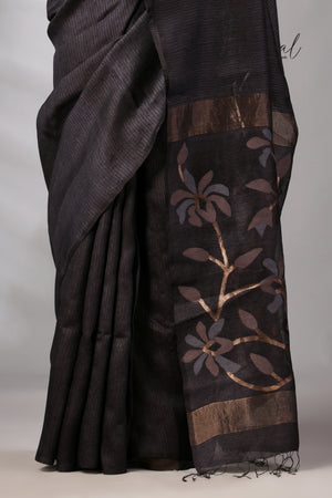 Black Muga & Gachhi Tussar Silk Stripe Handwoven Jamdani Saree | Silk Mark Certified | Tamal Boutique