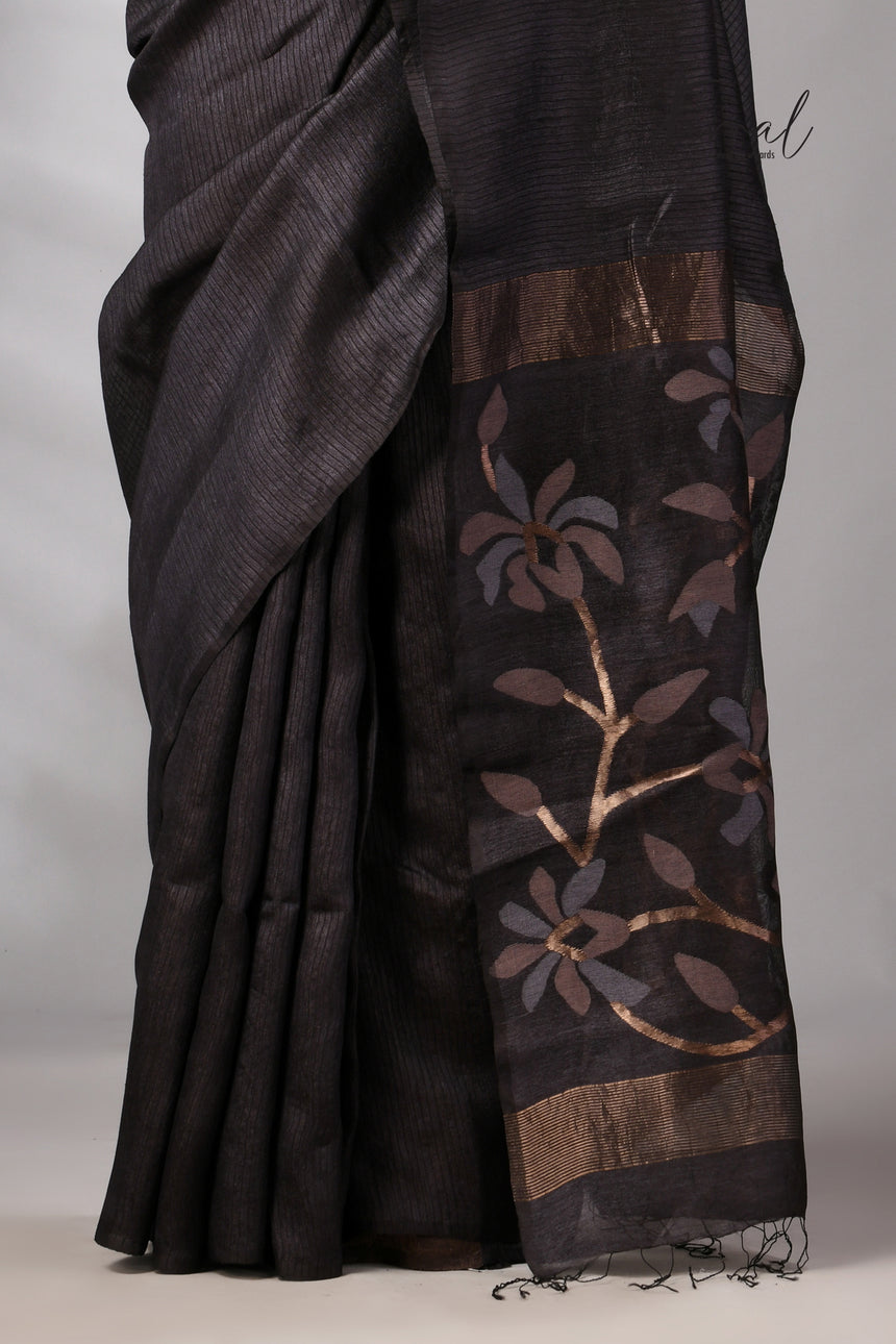 Black Muga & gachhi Tussar silk stripe handwoven Jamdani saree