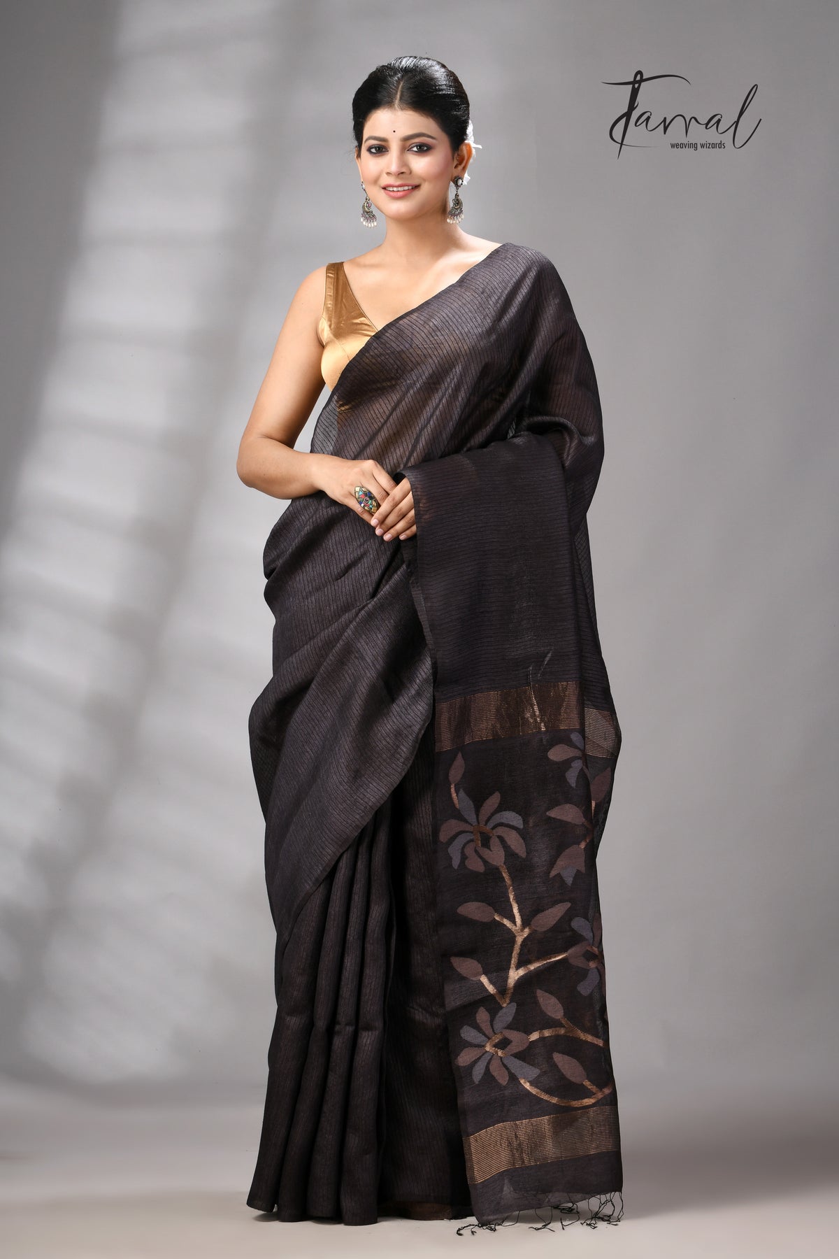 Black Muga & Gachhi Tussar Silk Stripe Handwoven Jamdani Saree | Silk Mark Certified | Tamal Boutique