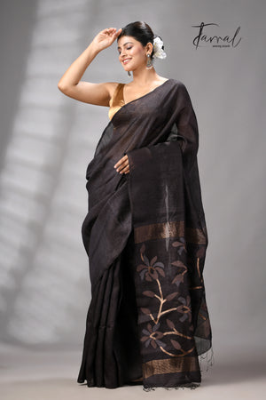 Black Muga & Gachhi Tussar Silk Stripe Handwoven Jamdani Saree | Silk Mark Certified | Tamal Boutique
