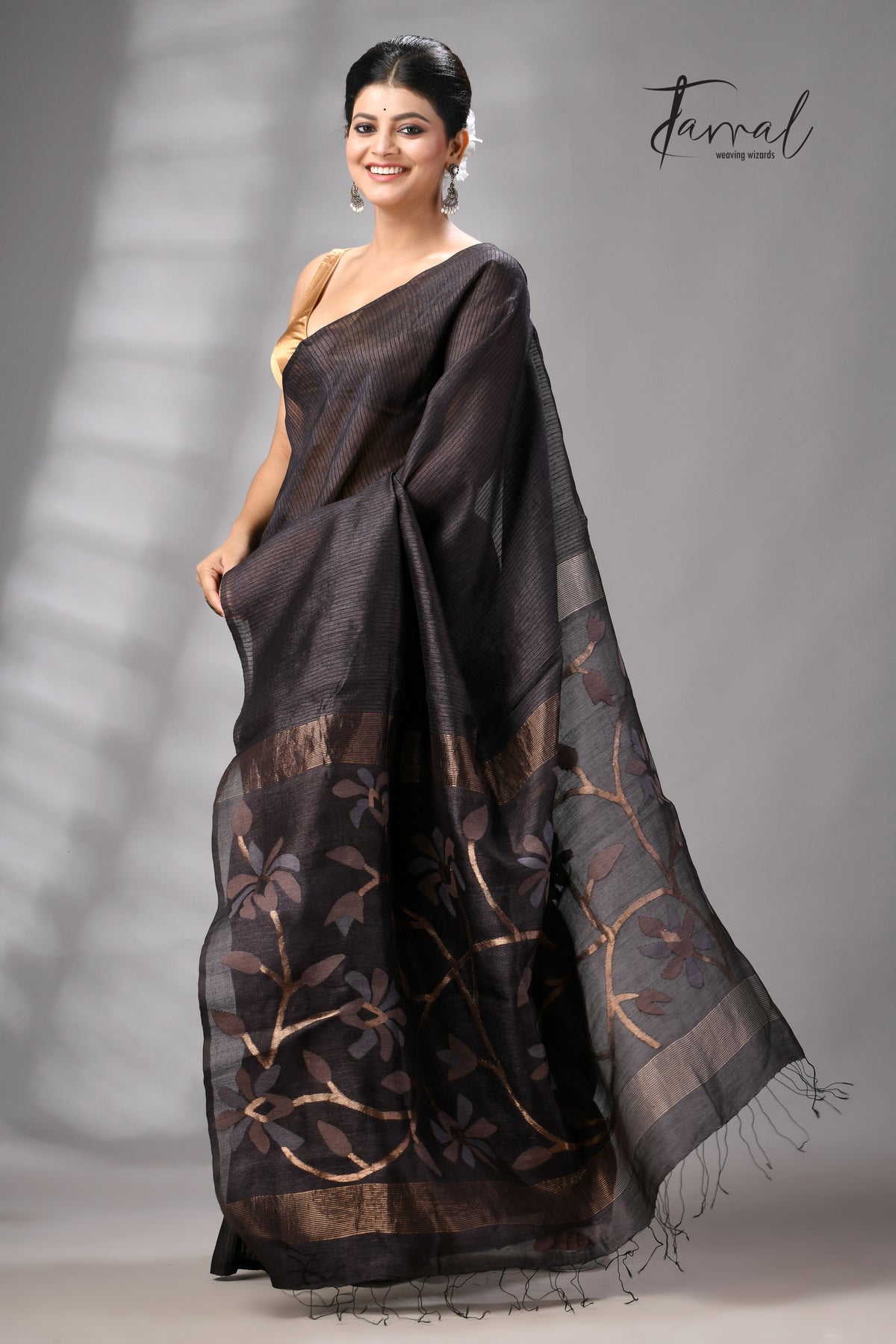 Black Muga & Gachhi Tussar Silk Stripe Handwoven Jamdani Saree | Silk Mark Certified | Tamal Boutique