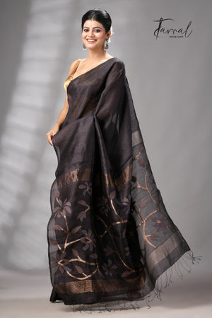 Black Muga & Gachhi Tussar Silk Stripe Handwoven Jamdani Saree | Silk Mark Certified | Tamal Boutique