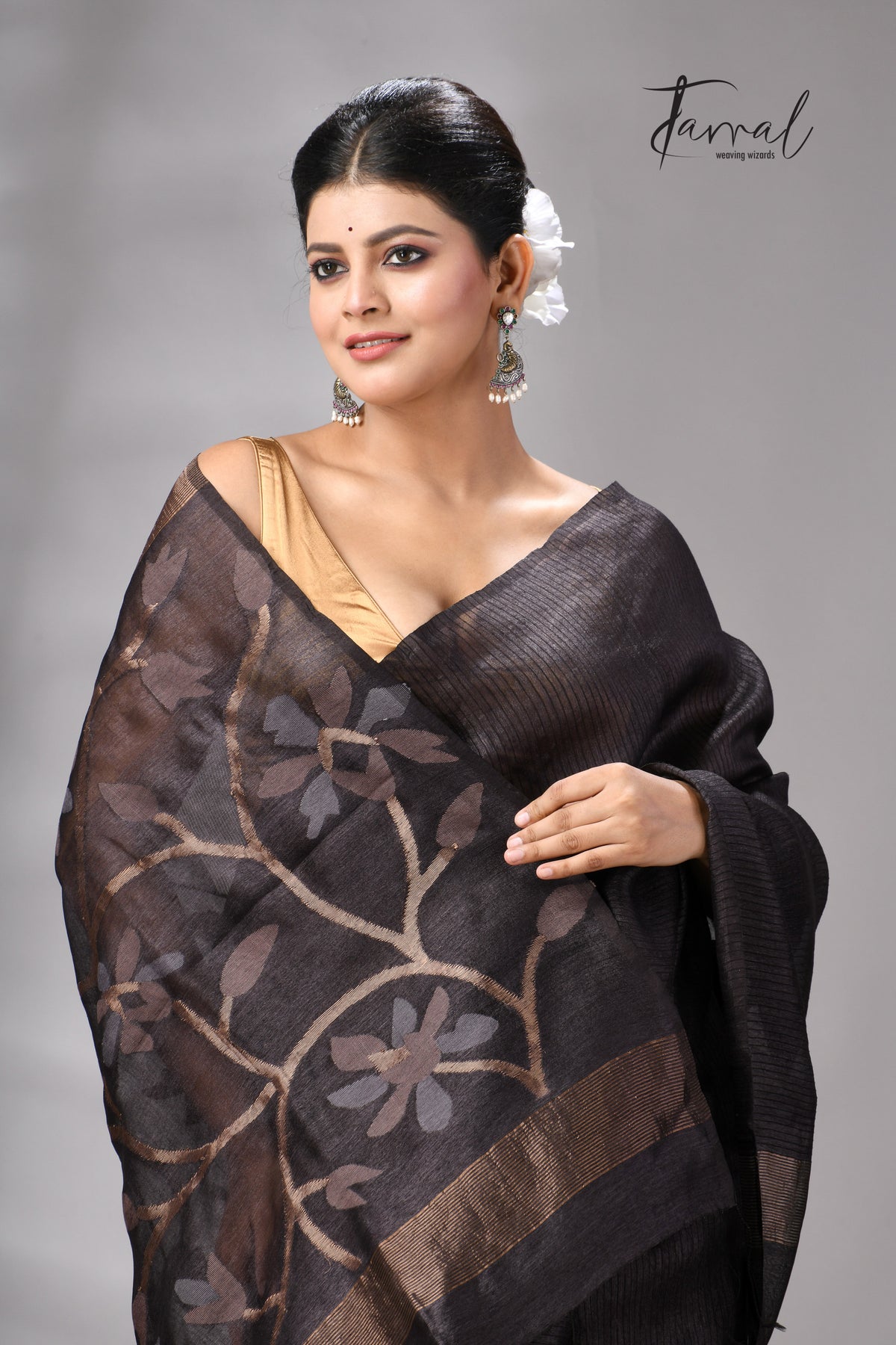 Black Muga & Gachhi Tussar Silk Stripe Handwoven Jamdani Saree | Silk Mark Certified | Tamal Boutique