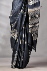 Charcoal Black Pure Tussar Silk Shibori Handloom Saree