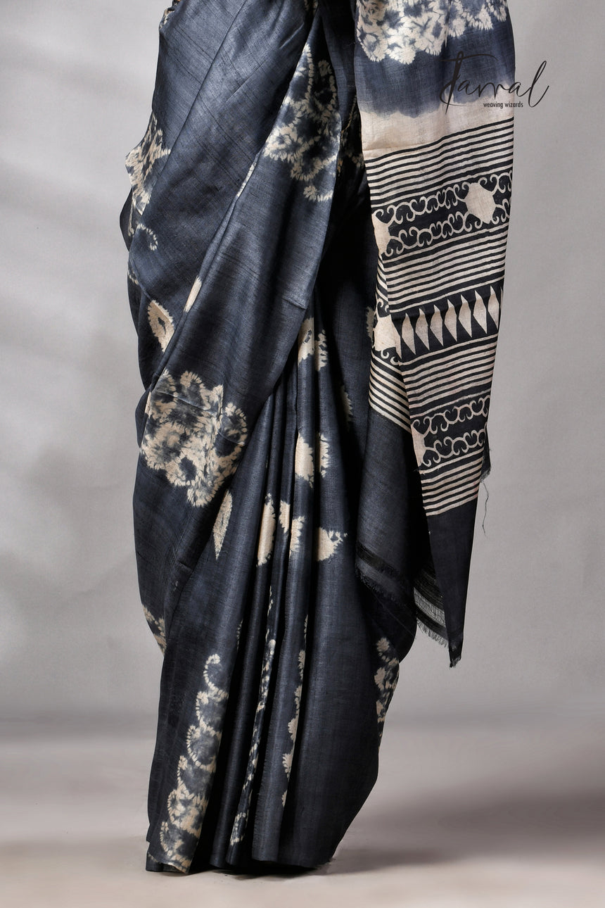 Charcoal Black Pure Tussar Silk Shibori Handloom Saree