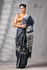Charcoal Black Pure Tussar Silk Shibori Handloom Saree