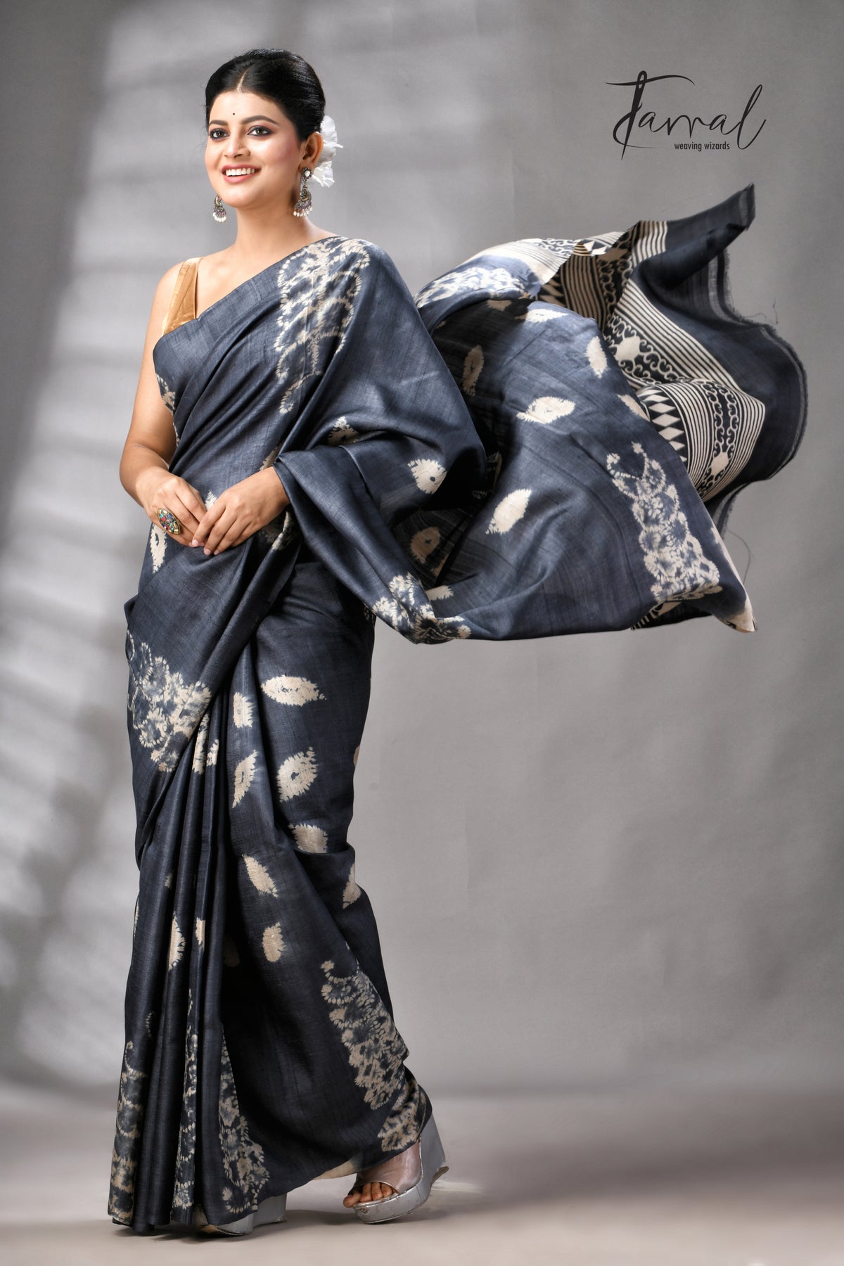 Charcoal Black Pure Tussar Silk Shibori Handloom Saree