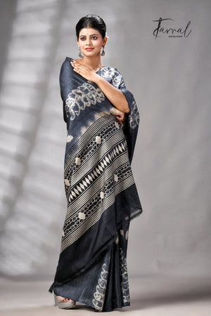 Charcoal Black Pure Tussar Silk Shibori Handloom Saree