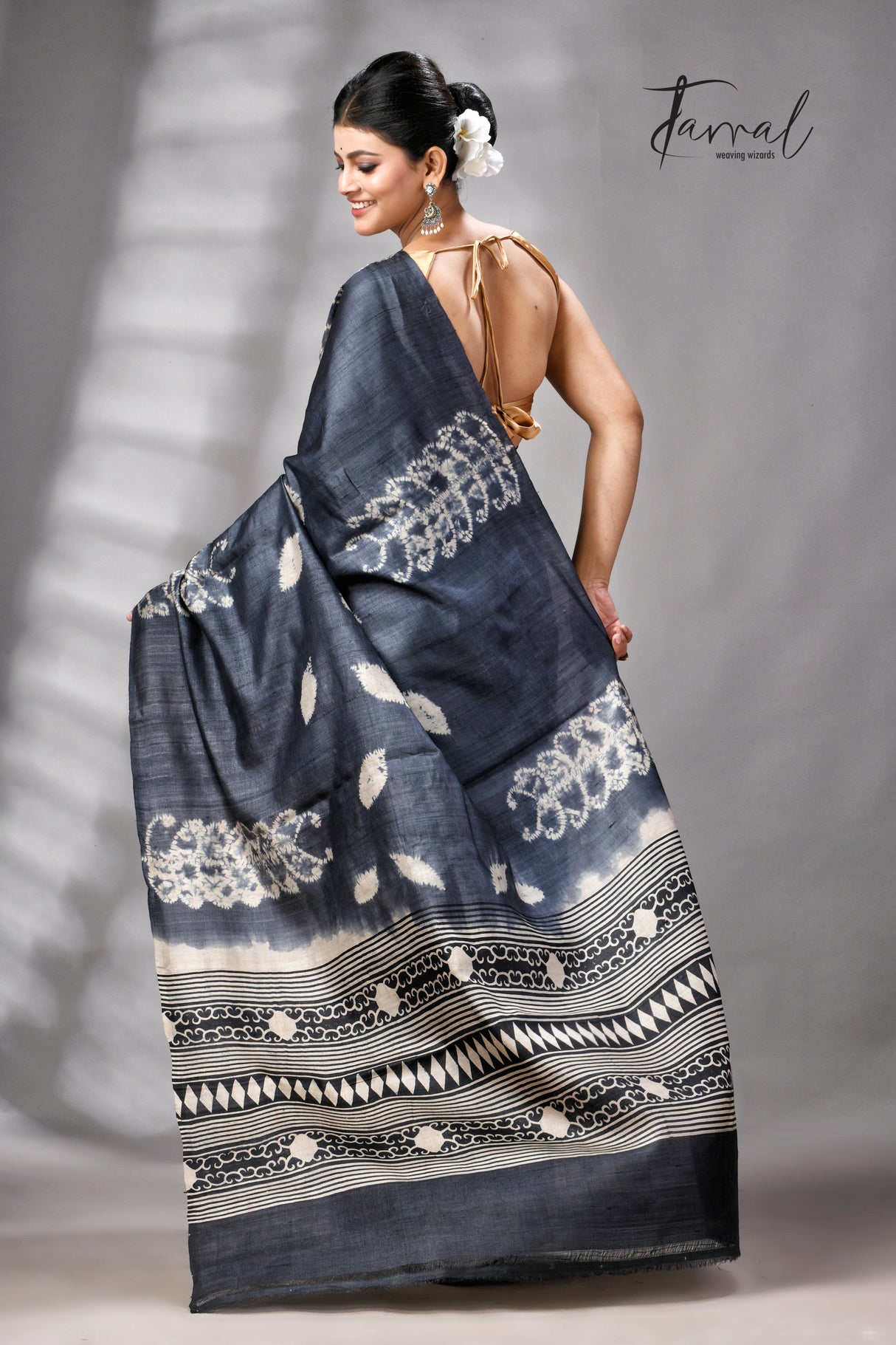Charcoal Black Pure Tussar Silk Shibori Handloom Saree
