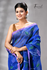 Royal Blue With Purple Border Rose Motifs Muslin Silk Handwoven Jamdani Saree