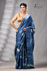 Indigo Colour Pure Tussar Silk Shibori Handloom Saree