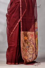 Maroon with golden Zari pathani handwoven jamdani saree