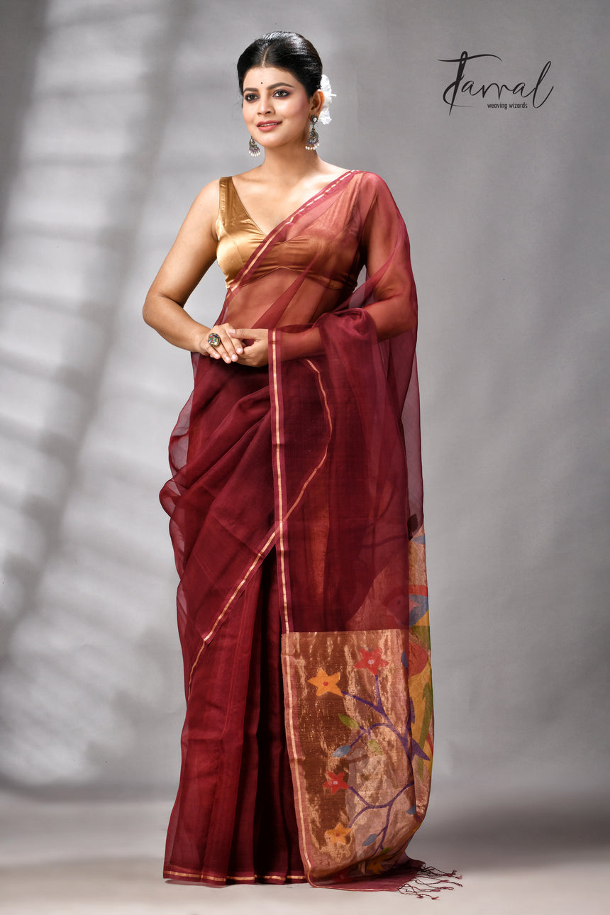 Maroon with golden Zari pathani handwoven jamdani saree