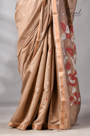 Deep Beige Colour Pure Mulberry Silk Handwoven Jamdani Saree