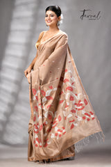 Deep Beige Colour Pure Mulberry Silk Handwoven Jamdani Saree