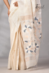 Offwhite Muga & gachhi Tussar silk stripe handwoven Jamdani saree