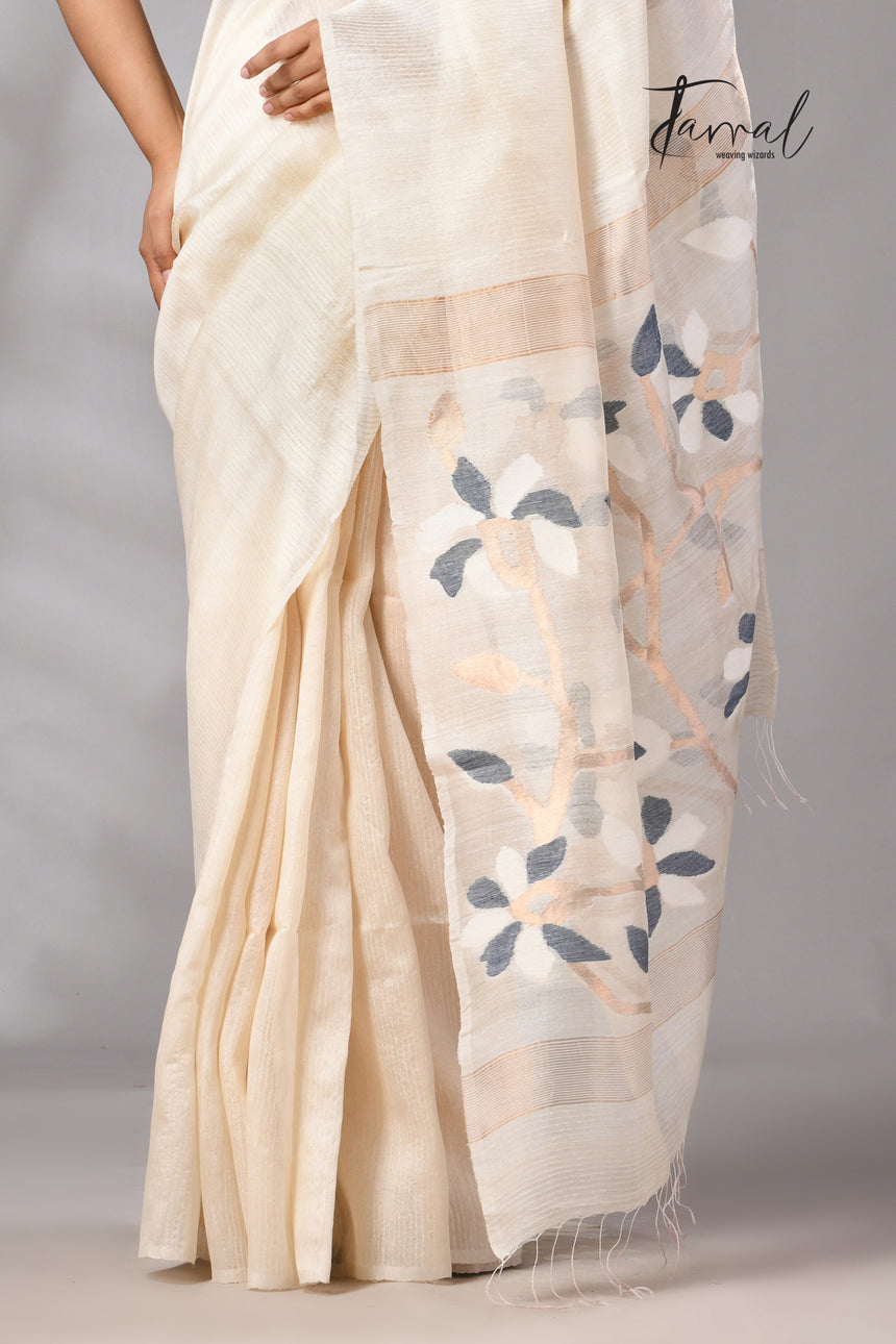 Offwhite Muga & gachhi Tussar silk stripe handwoven Jamdani saree
