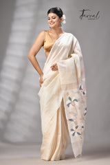 Offwhite Muga & gachhi Tussar silk stripe handwoven Jamdani saree