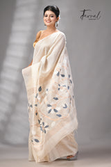 Offwhite Muga & gachhi Tussar silk stripe handwoven Jamdani saree