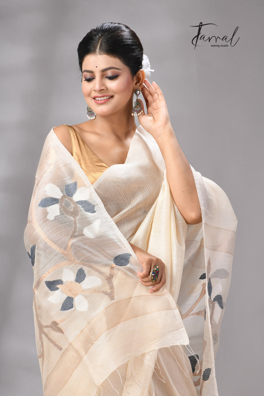 Offwhite Muga & gachhi Tussar silk stripe handwoven Jamdani saree