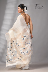 Offwhite Muga & gachhi Tussar silk stripe handwoven Jamdani saree