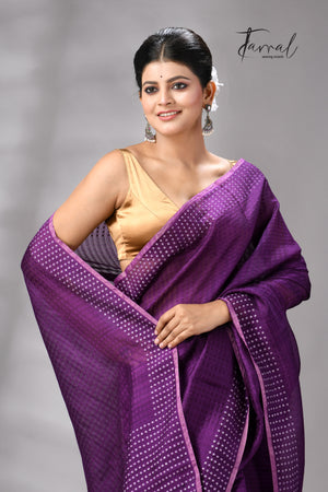 Purple With Sequins Handwoven Muslin Silk Saree