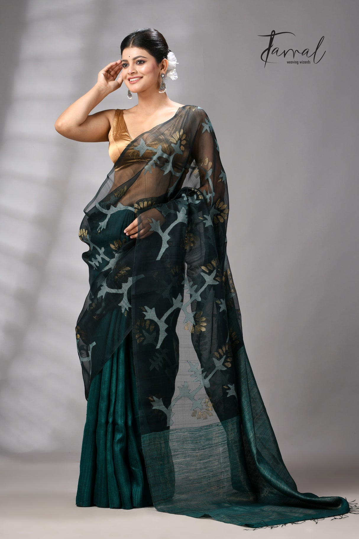 Bottle Green Handwoven Matka Muslin Jamdani Silk Saree