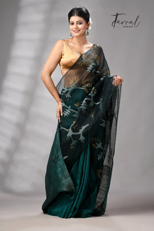 Bottle Green Handwoven Matka Muslin Jamdani Silk Saree