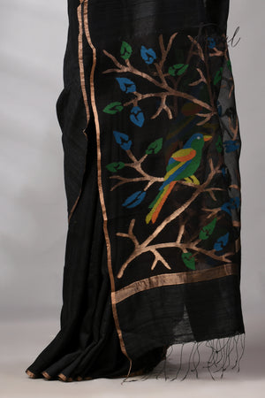 Black With Golden Zari Border Matka Silk Handwoven Jamdani Saree