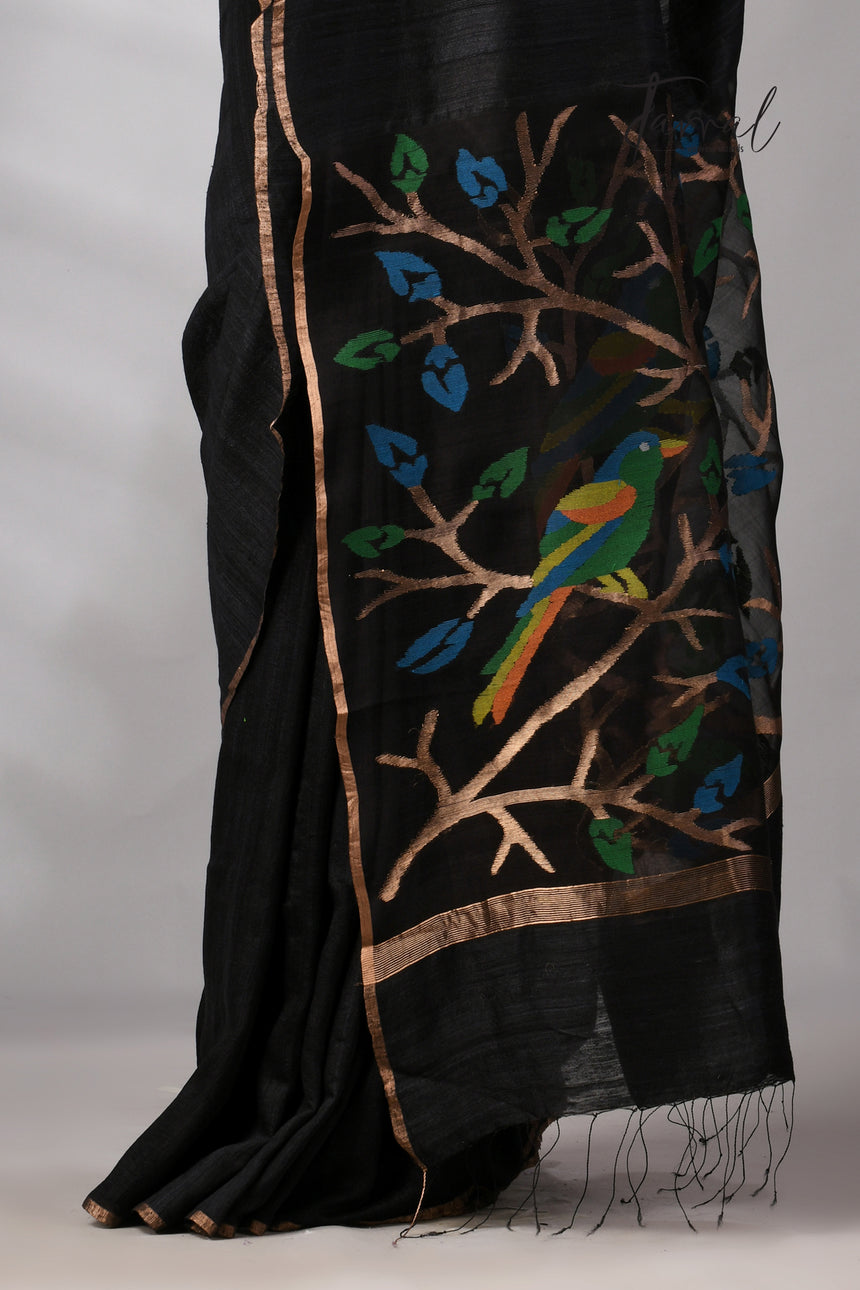 Black with golden Zari border matka silk handwoven jamdani saree