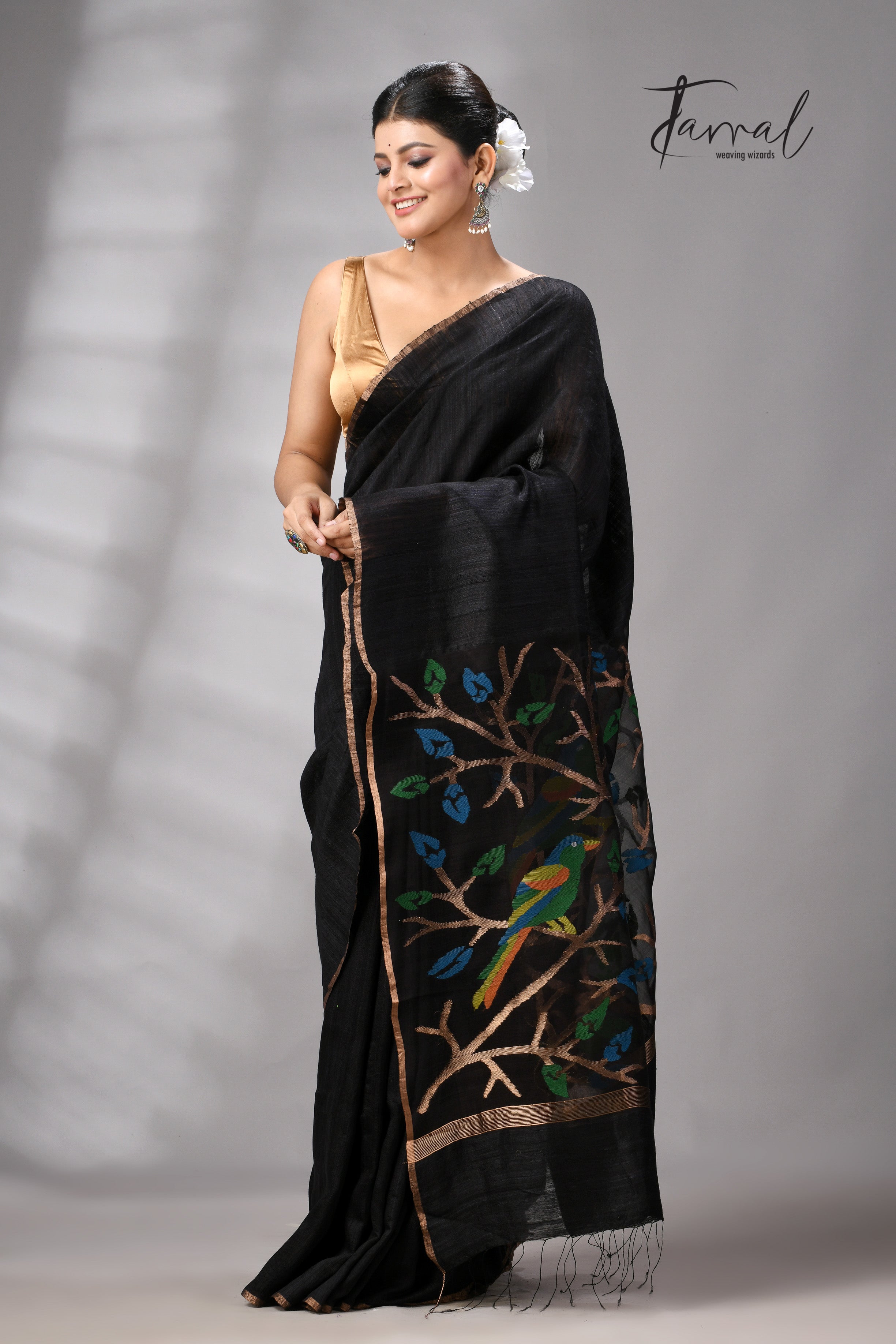 Black Matka Silk Jamdani Saree with Golden Zari Border – Tamal