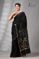 Black with golden Zari border matka silk handwoven jamdani saree