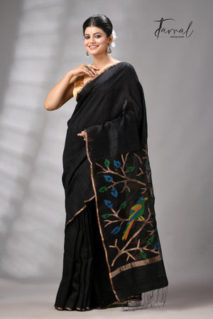 Black With Golden Zari Border Matka Silk Handwoven Jamdani Saree