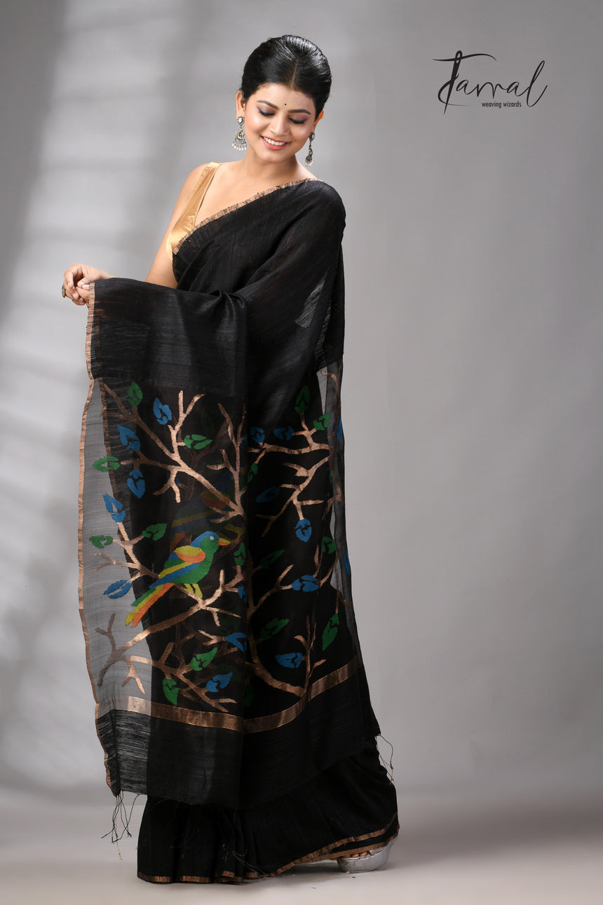 Black with golden Zari border matka silk handwoven jamdani saree