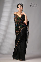 Black with golden Zari border matka silk handwoven jamdani saree