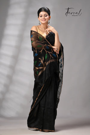Black With Golden Zari Border Matka Silk Handwoven Jamdani Saree