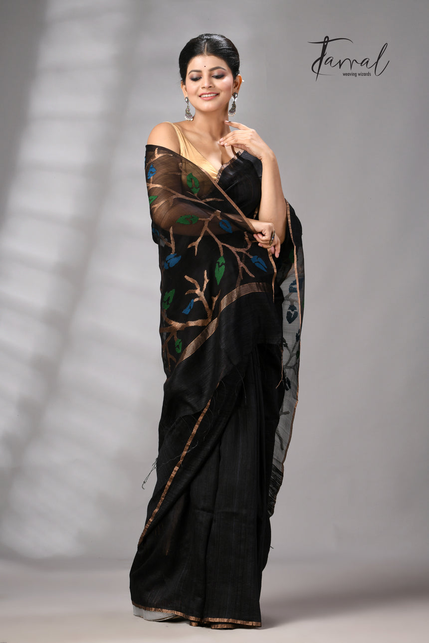 Black with golden Zari border matka silk handwoven jamdani saree