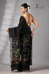 Black with golden Zari border matka silk handwoven jamdani saree