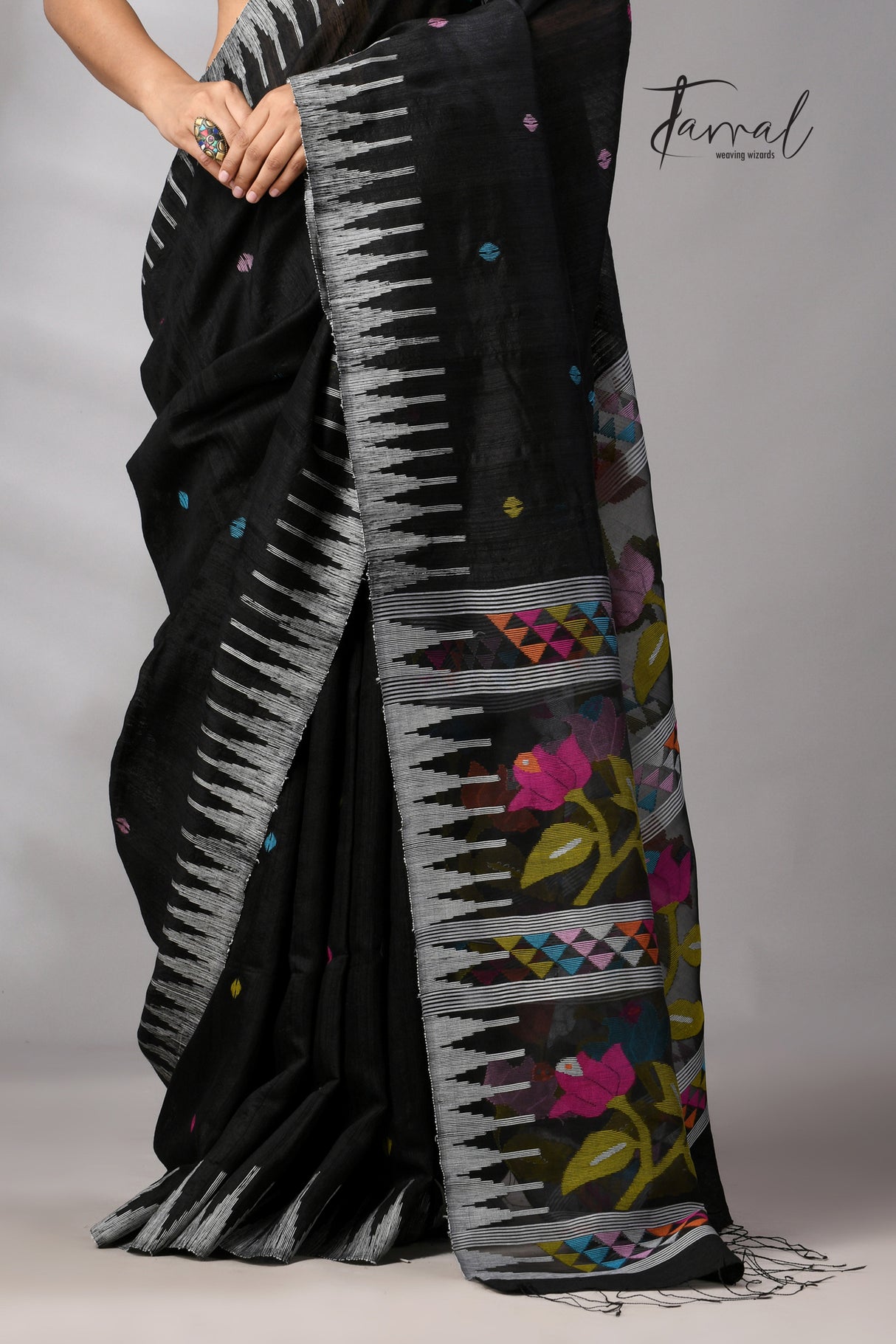 Black Matka Silk Moirangphee Handwoven Jamdani Saree